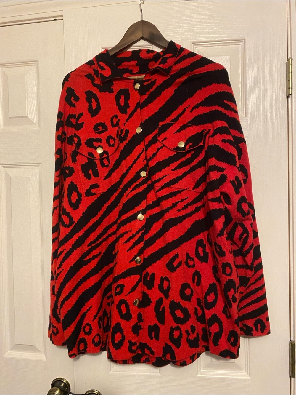 Red & Black Animal-Print Button-Front Sweater